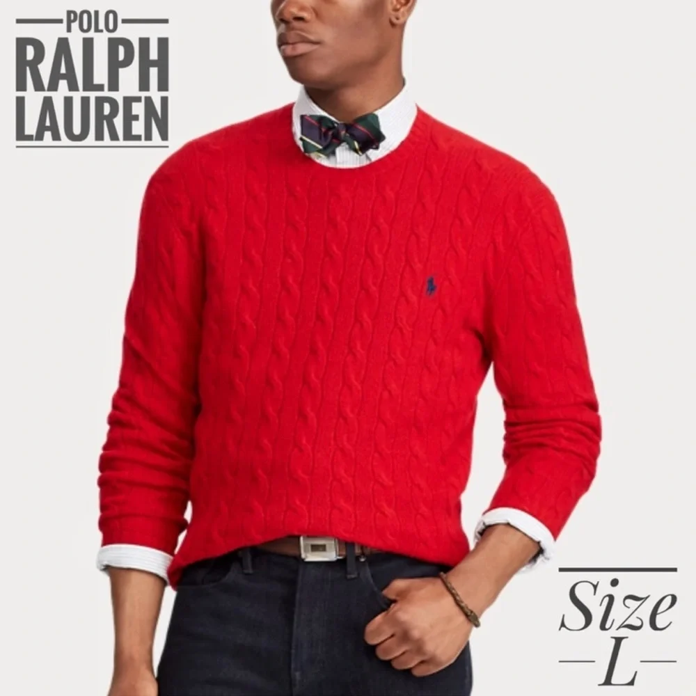 Polo By Ralph Lauren Red Mens Merino Angora Pullover Cable Knit Sweater Sz Large - Picture 5 of 7